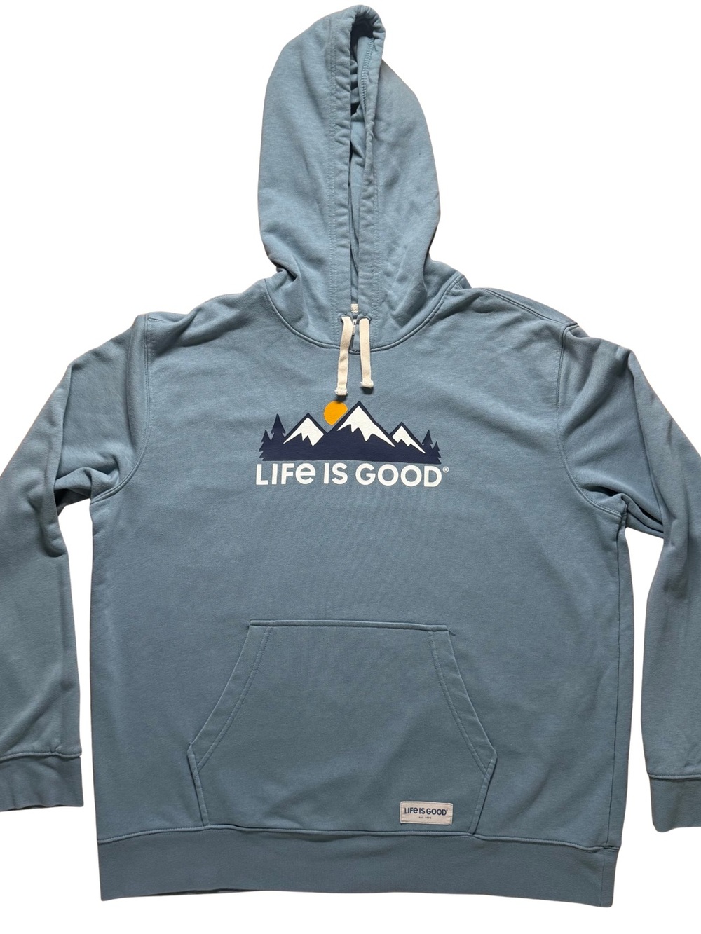 Life Is Good Men's Crewneck Hoodie in Dusty Blue with Mountain Graphic